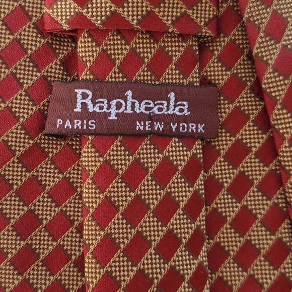 RAPHAELA PARIS NY 100% SILK TIE RED GOLD CHECK HAND MADE 4" - Picture 3 of 6
